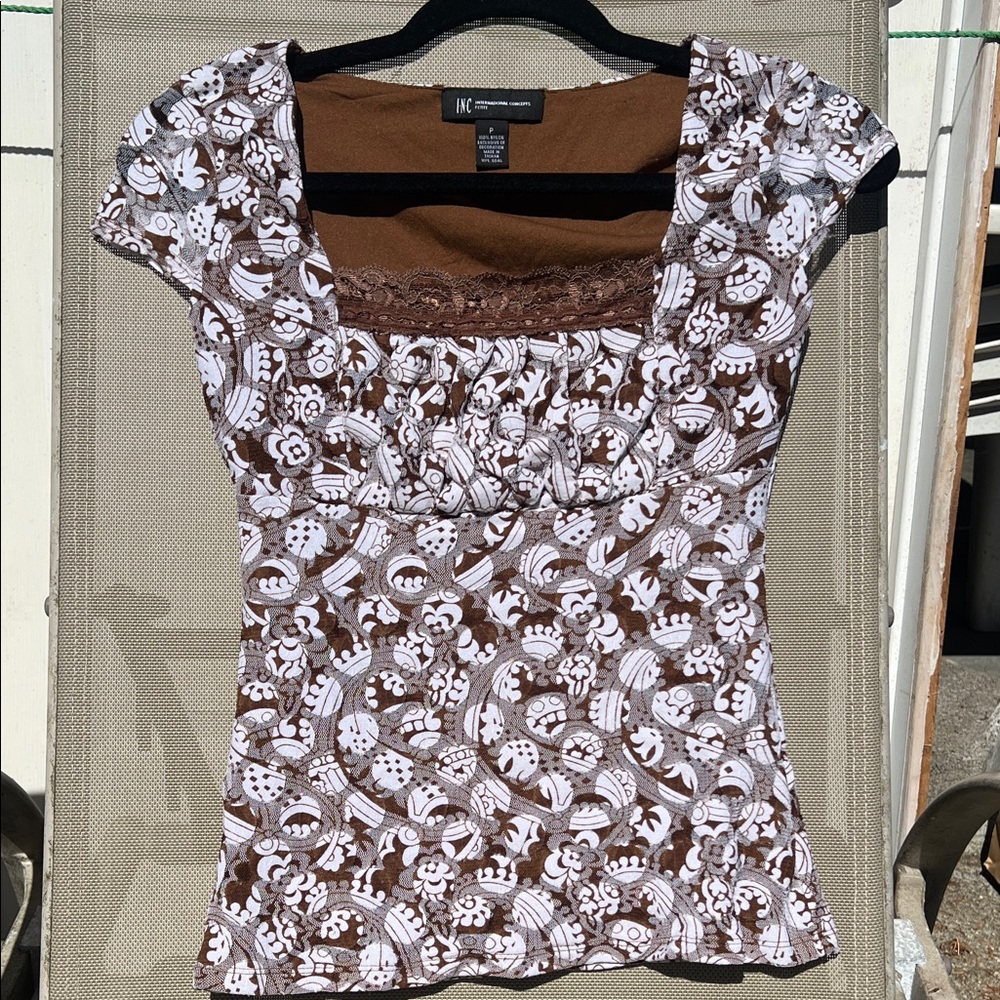 INC International Concepts Brown and White Floral Blouse